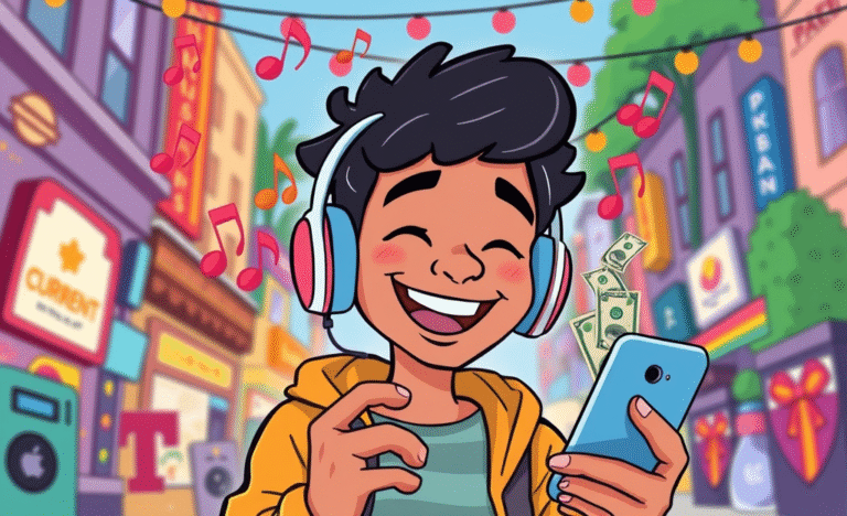 Imágenes de personas disfrutando música y usando aplicaciones para ganar dinero.