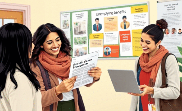 Inmigrantes recibiendo información sobre subsidios por desempleo.